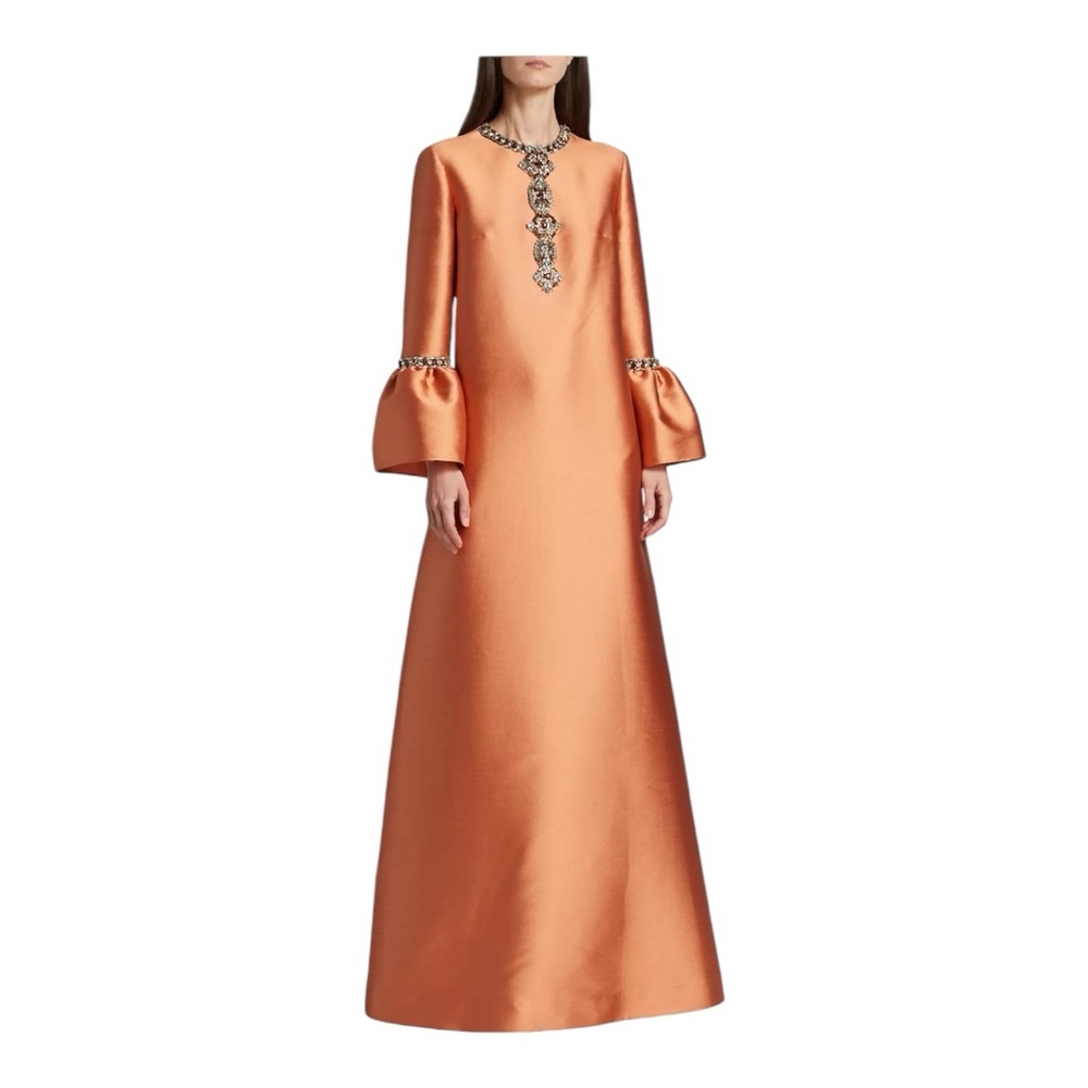 Reem Acra Women’s Embellished Bell Sleeve Mikado Brick Satin Gown Size Large